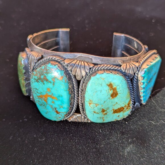 Stunning Vintage Navajo Sterling Silver Four-Stone Turquoise Cuff Bracelet - Picture 1 of 13